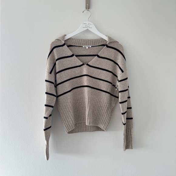 REFORMATION Beckie Cashmere Collared Sweater in Barely With Black Stripe M - Picture 3 of 7
